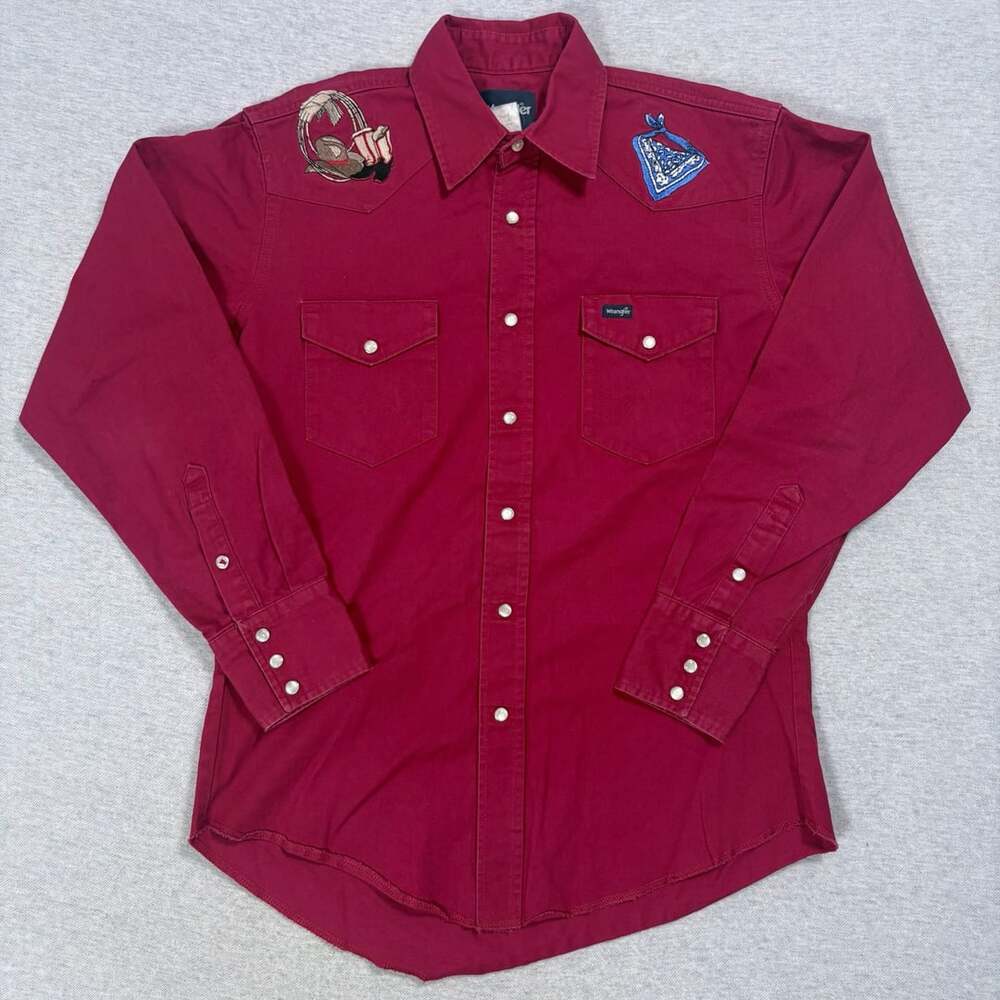Vintage Red Wrangler Brushpopper Western Shirt Custom Cowboy Sunset Embroidery M